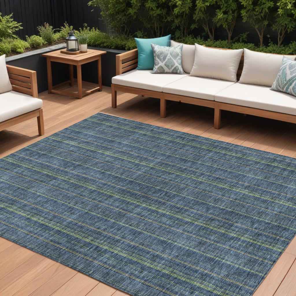 9' X 12' Blue Denim Blue And Mint Green Striped Washable Indoor Outdoor Area Rug