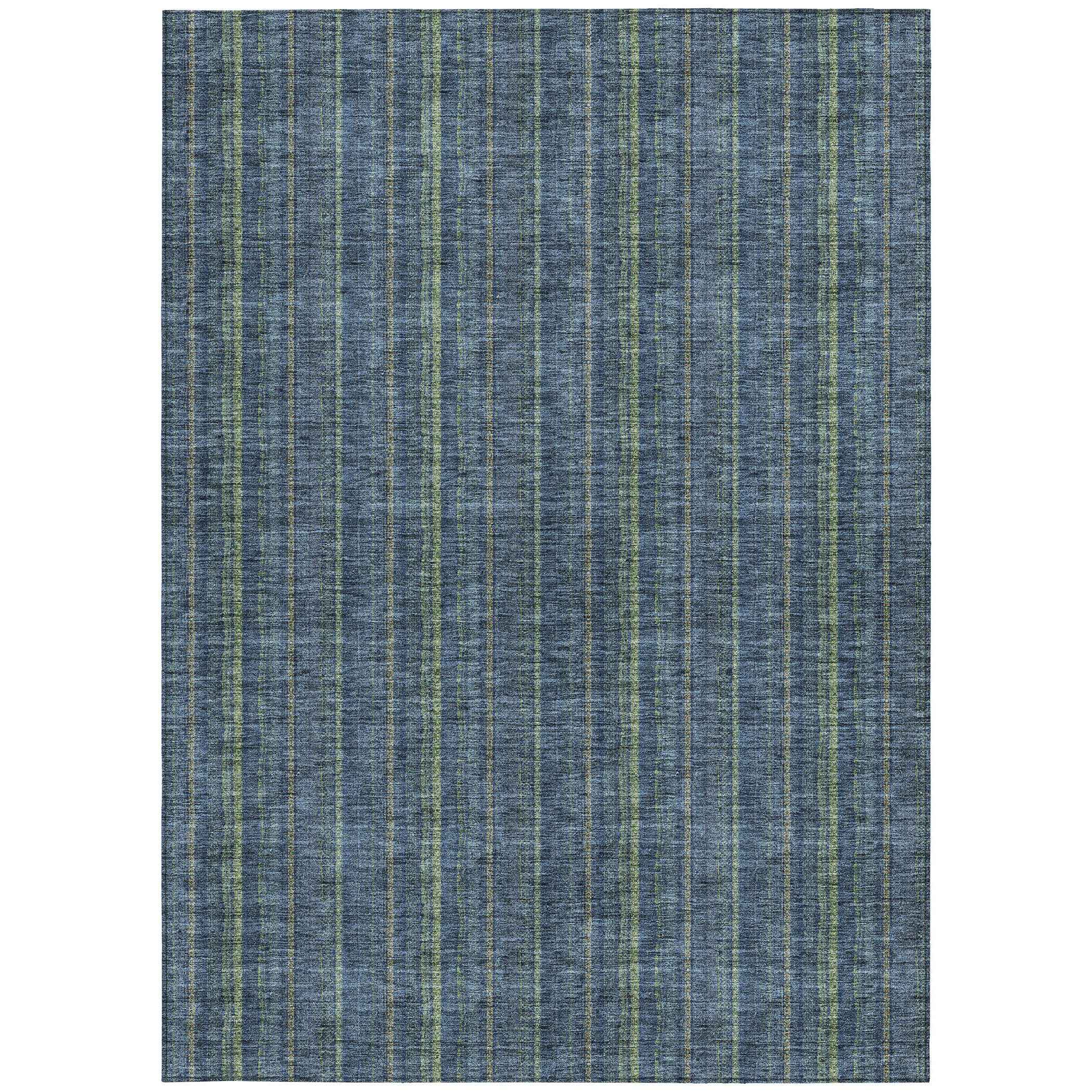 9' X 12' Blue Denim Blue And Mint Green Striped Washable Indoor Outdoor Area Rug