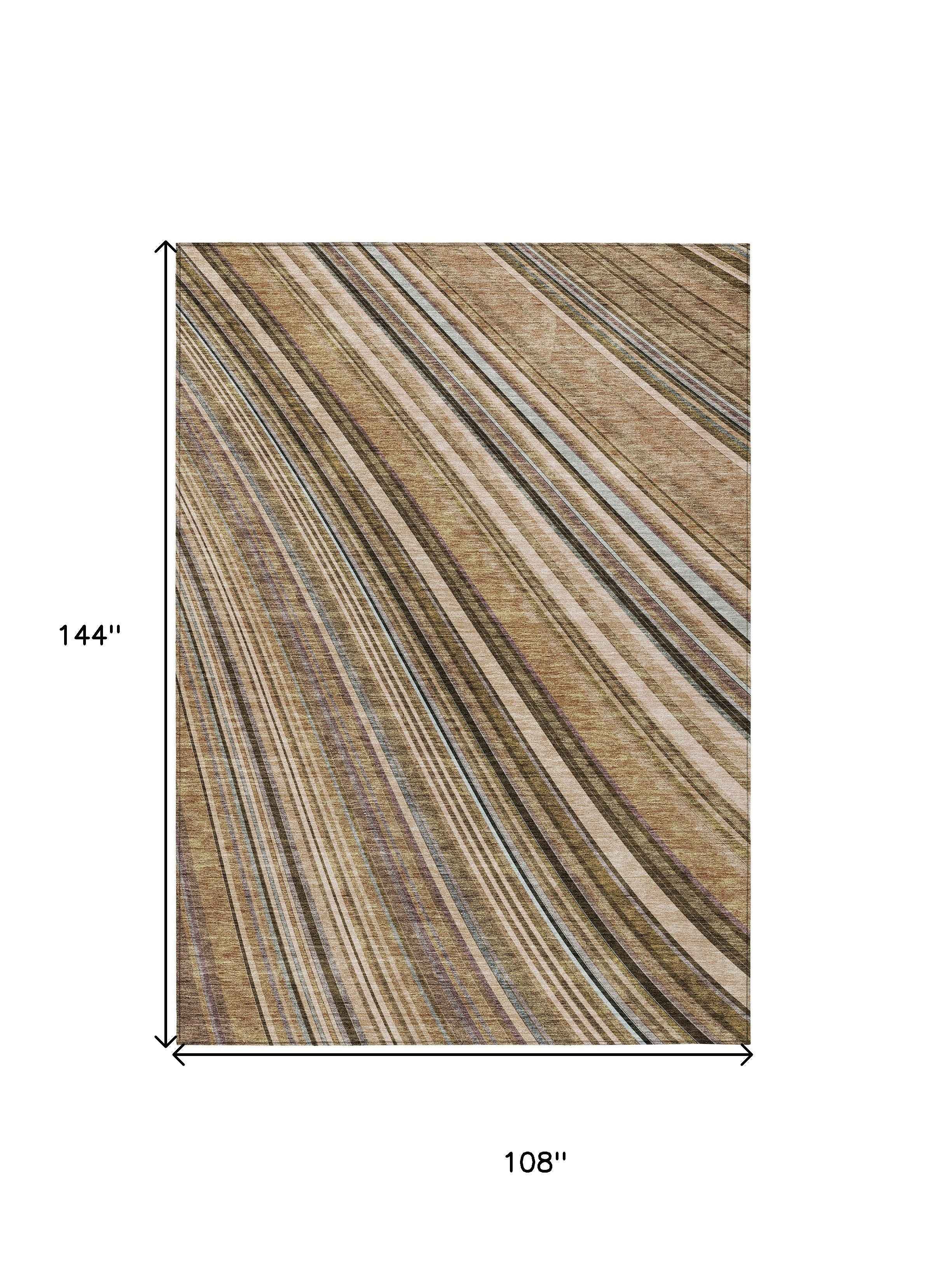 9' X 12' Taupe Beige And Brown Striped Washable Indoor Outdoor Area Rug