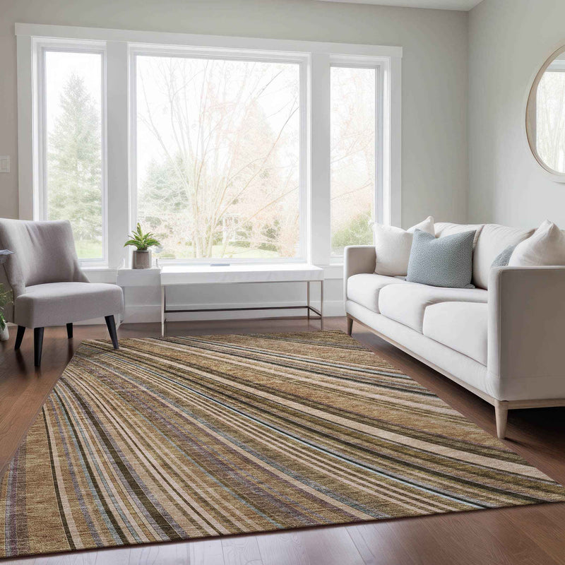 9' X 12' Taupe Beige And Brown Striped Washable Indoor Outdoor Area Rug