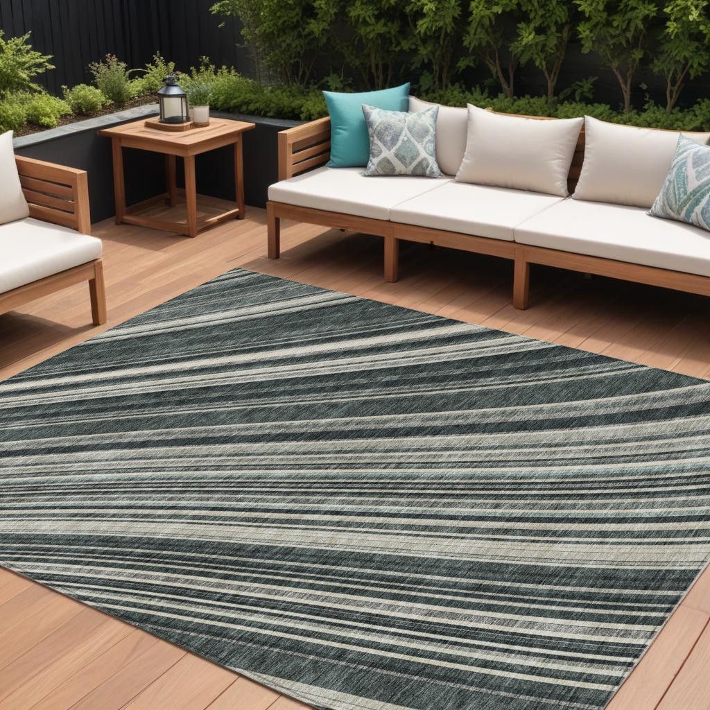 10' X 14' Black Gray And Ivory Striped Washable Indoor Outdoor Area Rug - Sports & Outdoor