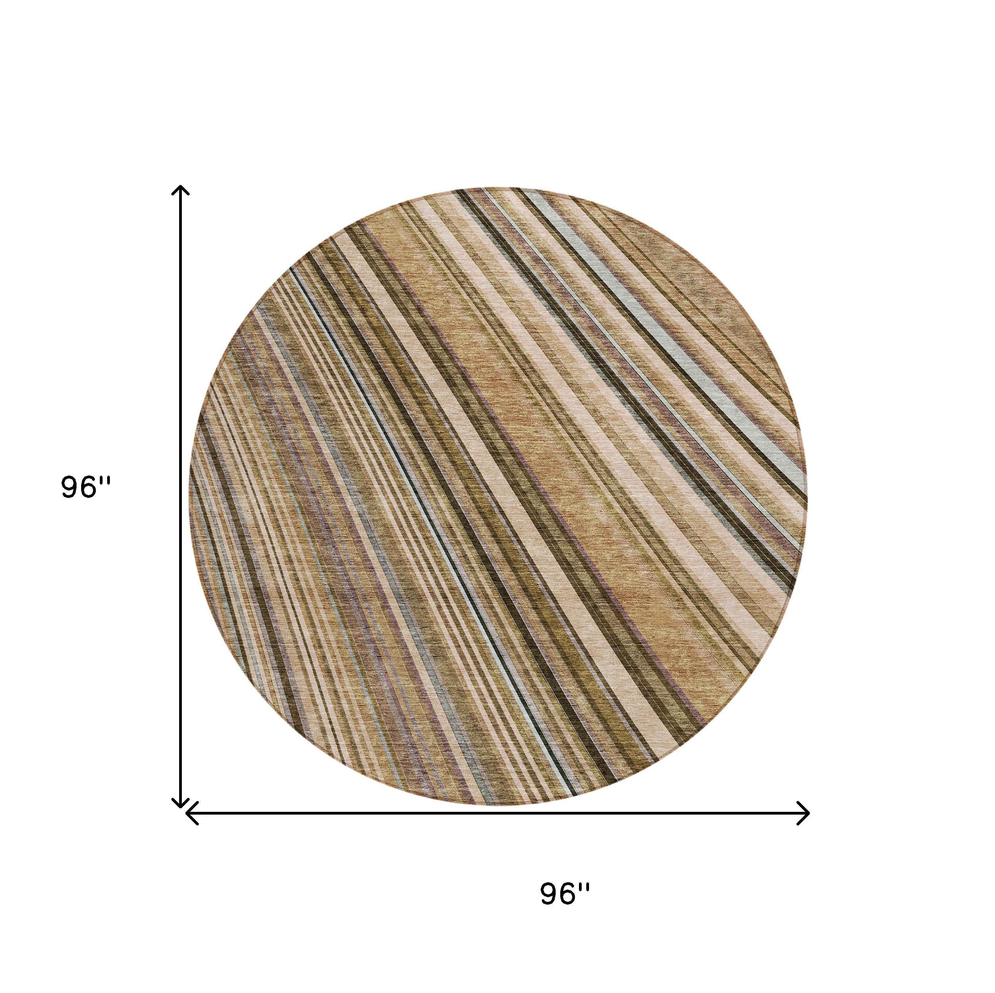 8' Taupe Beige And Brown Round Striped Washable Indoor Outdoor Area Rug