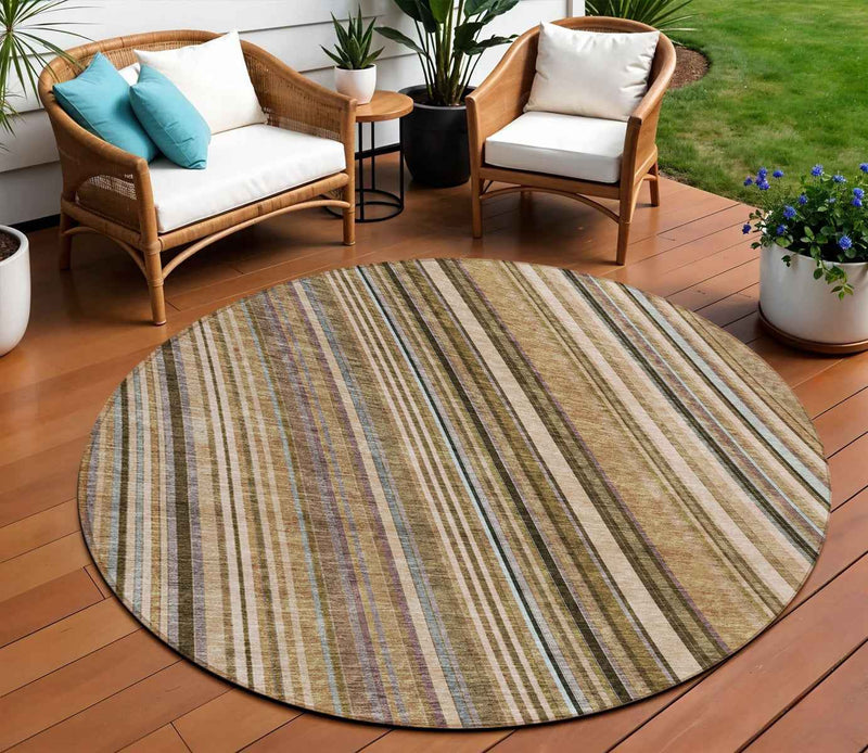 8' Taupe Beige And Brown Round Striped Washable Indoor Outdoor Area Rug