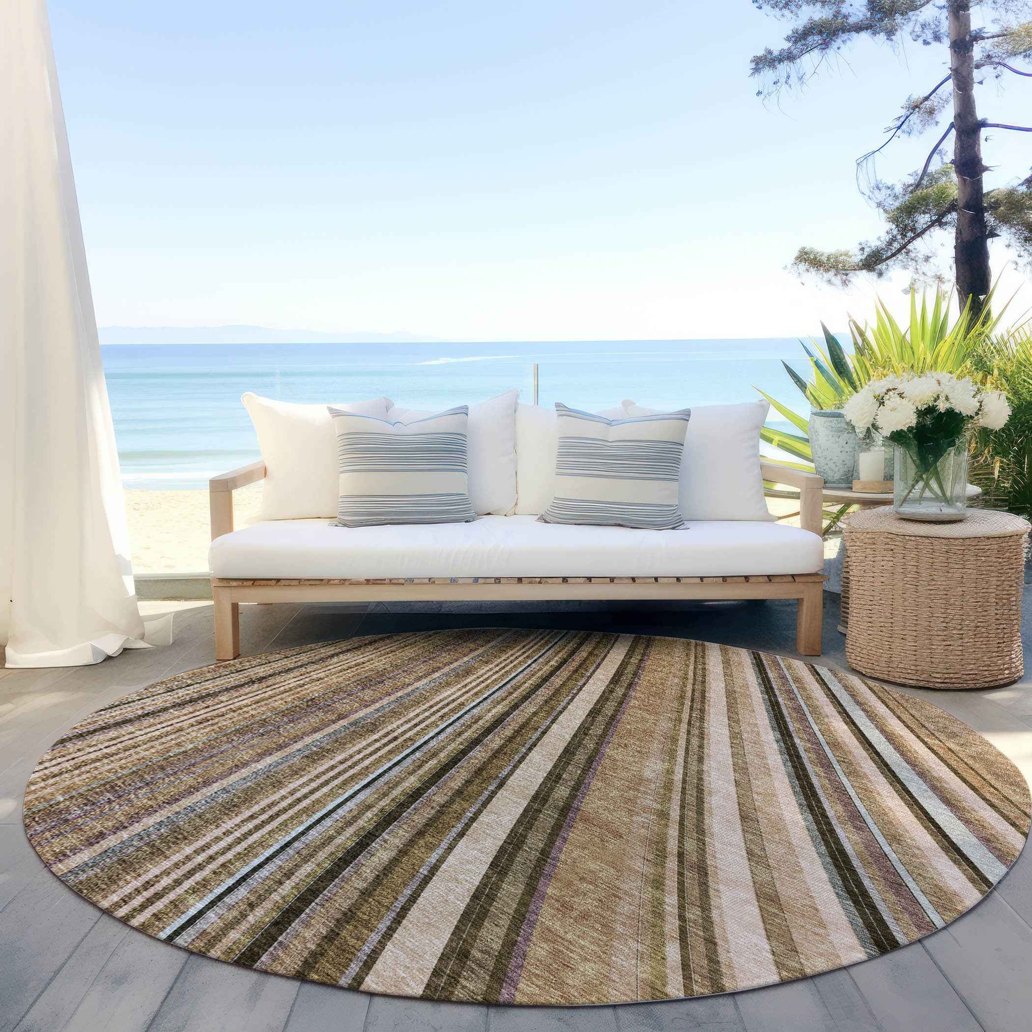 8' Taupe Beige And Brown Round Striped Washable Indoor Outdoor Area Rug