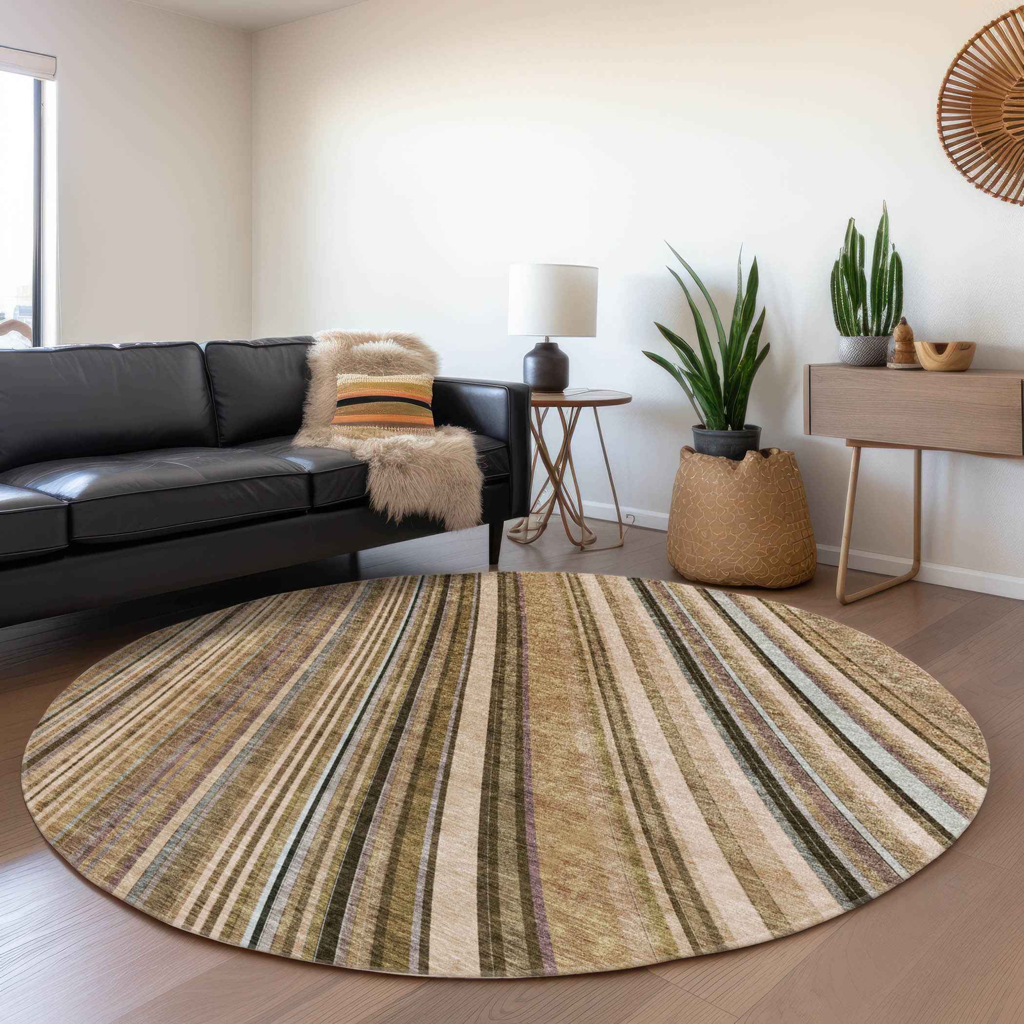 8' Taupe Beige And Brown Round Striped Washable Indoor Outdoor Area Rug