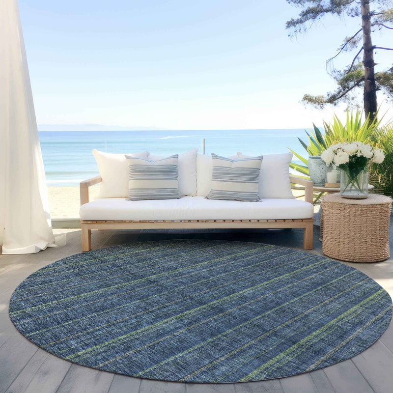 8' Blue Denim Blue And Mint Green Round Striped Washable Indoor Outdoor Area Rug