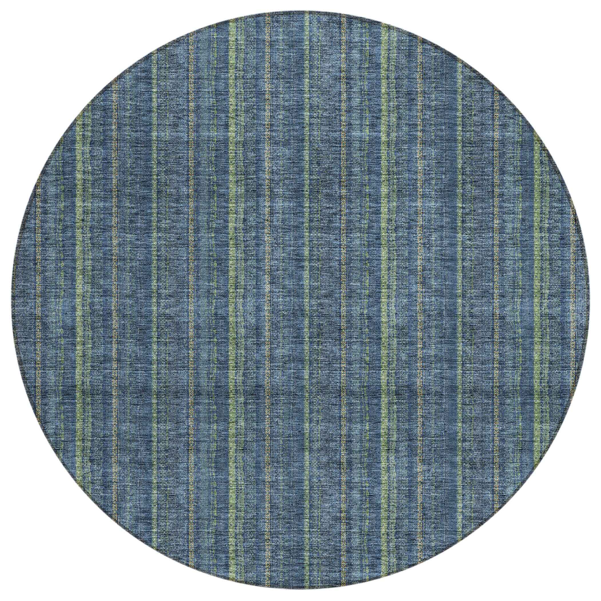 8' Blue Denim Blue And Mint Green Round Striped Washable Indoor Outdoor Area Rug