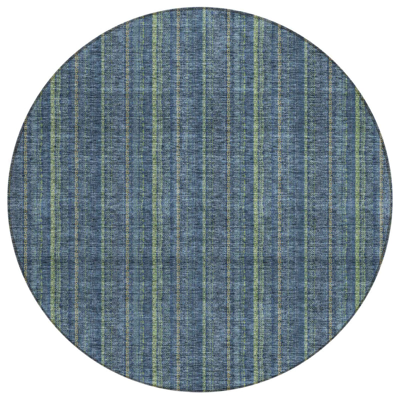 8' Blue Denim Blue And Mint Green Round Striped Washable Indoor Outdoor Area Rug
