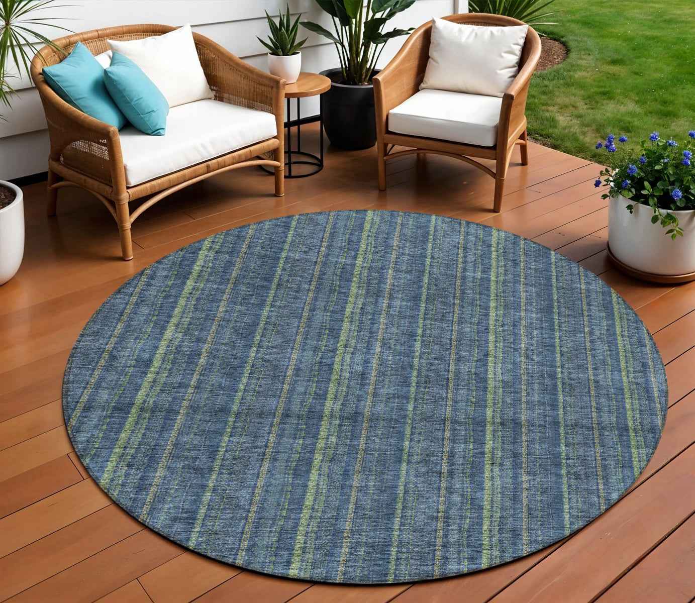 8' Blue Denim Blue And Mint Green Round Striped Washable Indoor Outdoor Area Rug