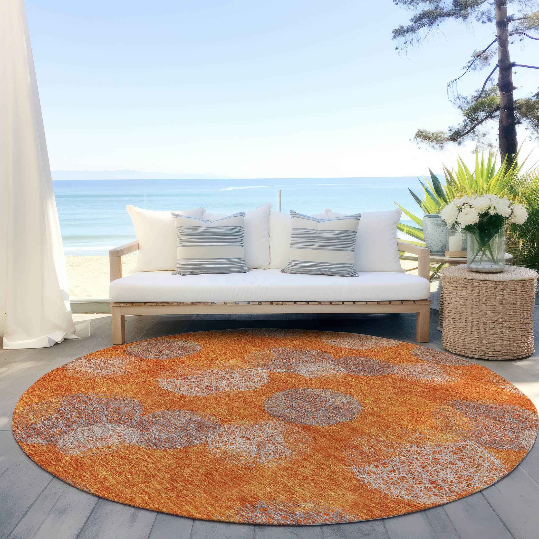 8' Orange Silver And Peach Round Polka Dot Washable Indoor Outdoor Area Rug