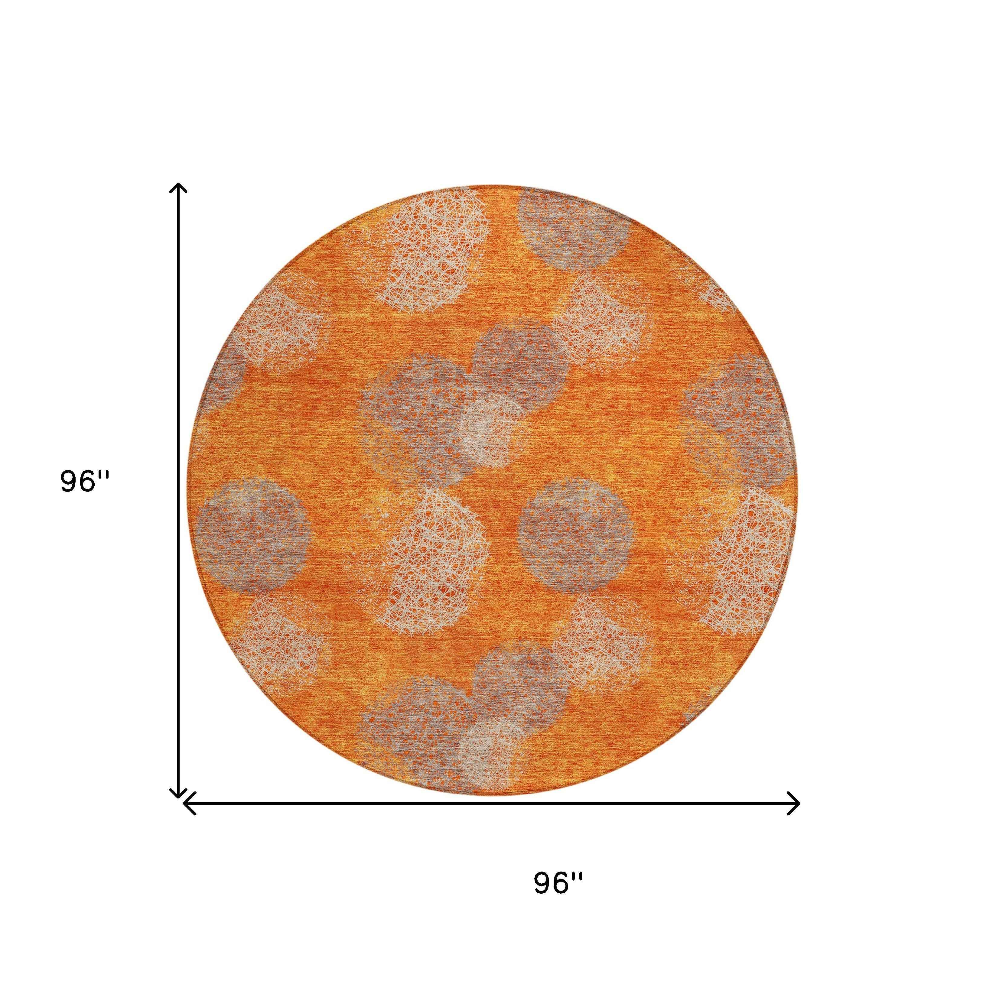 8' Orange Silver And Peach Round Polka Dot Washable Indoor Outdoor Area Rug