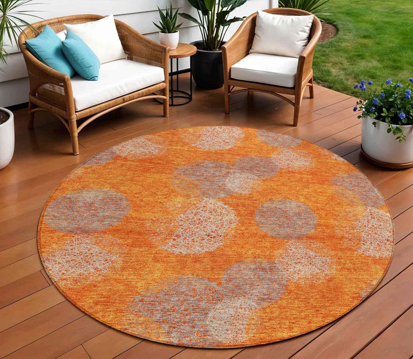 8' Orange Silver And Peach Round Polka Dot Washable Indoor Outdoor Area Rug