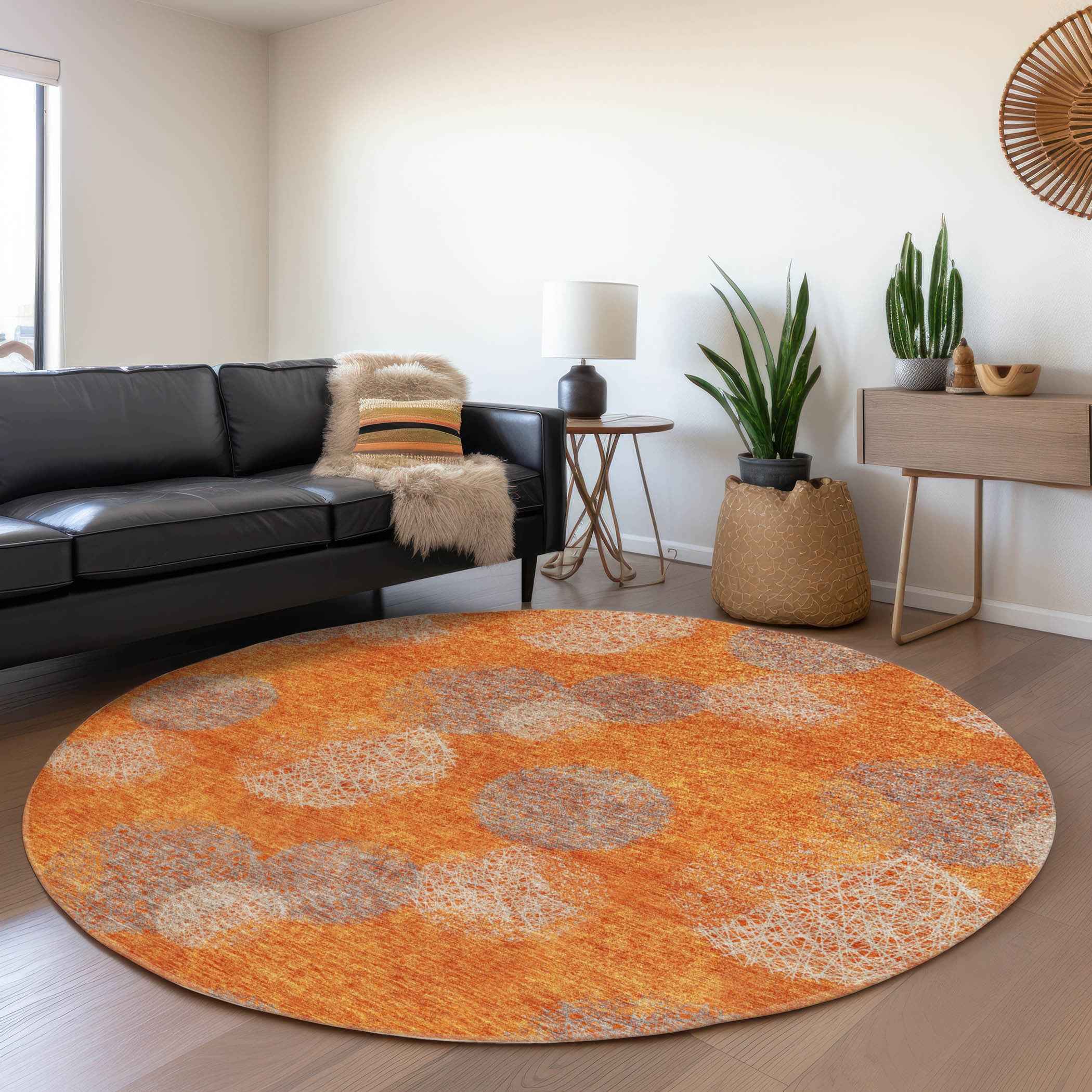 8' Orange Silver And Peach Round Polka Dot Washable Indoor Outdoor Area Rug