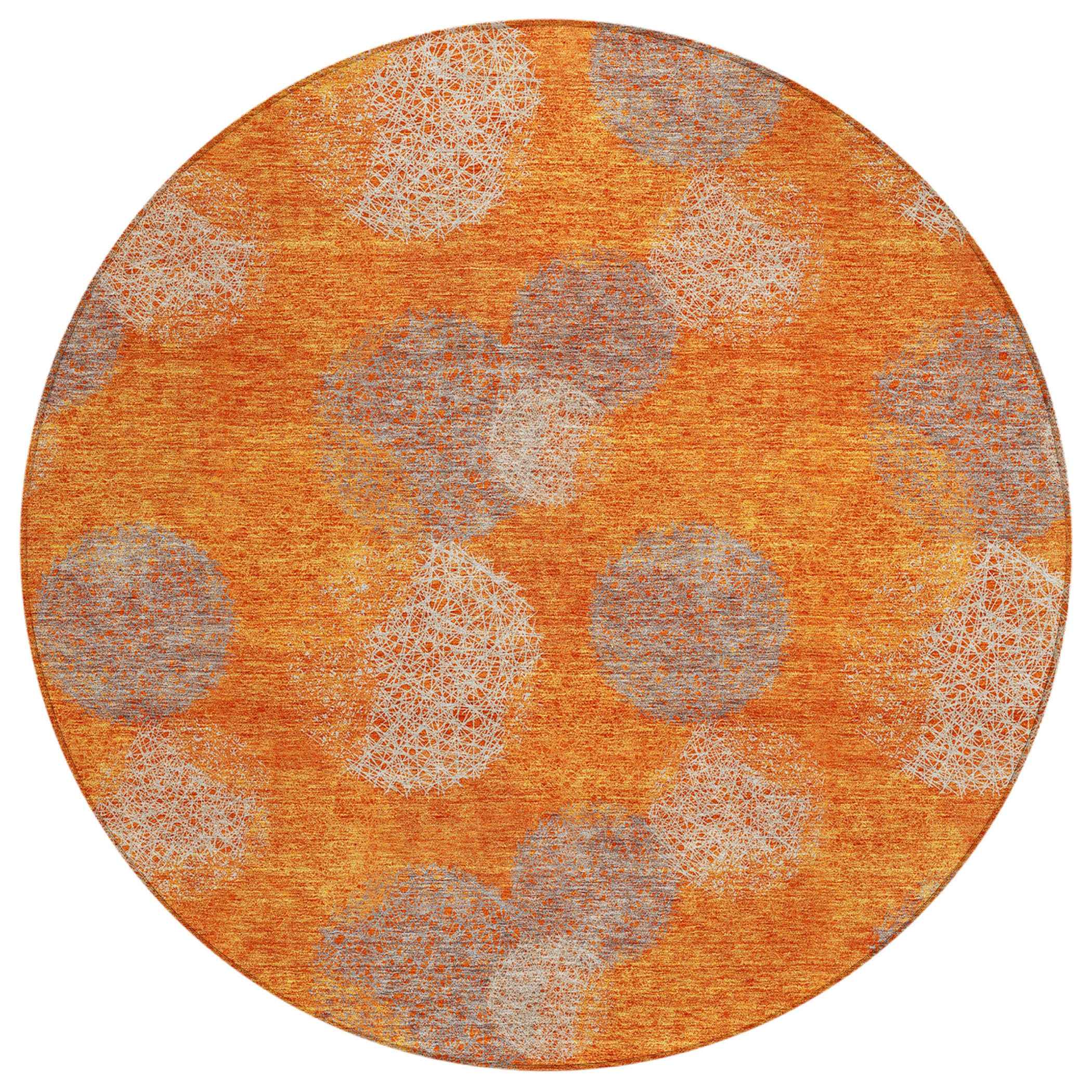 8' Orange Silver And Peach Round Polka Dot Washable Indoor Outdoor Area Rug