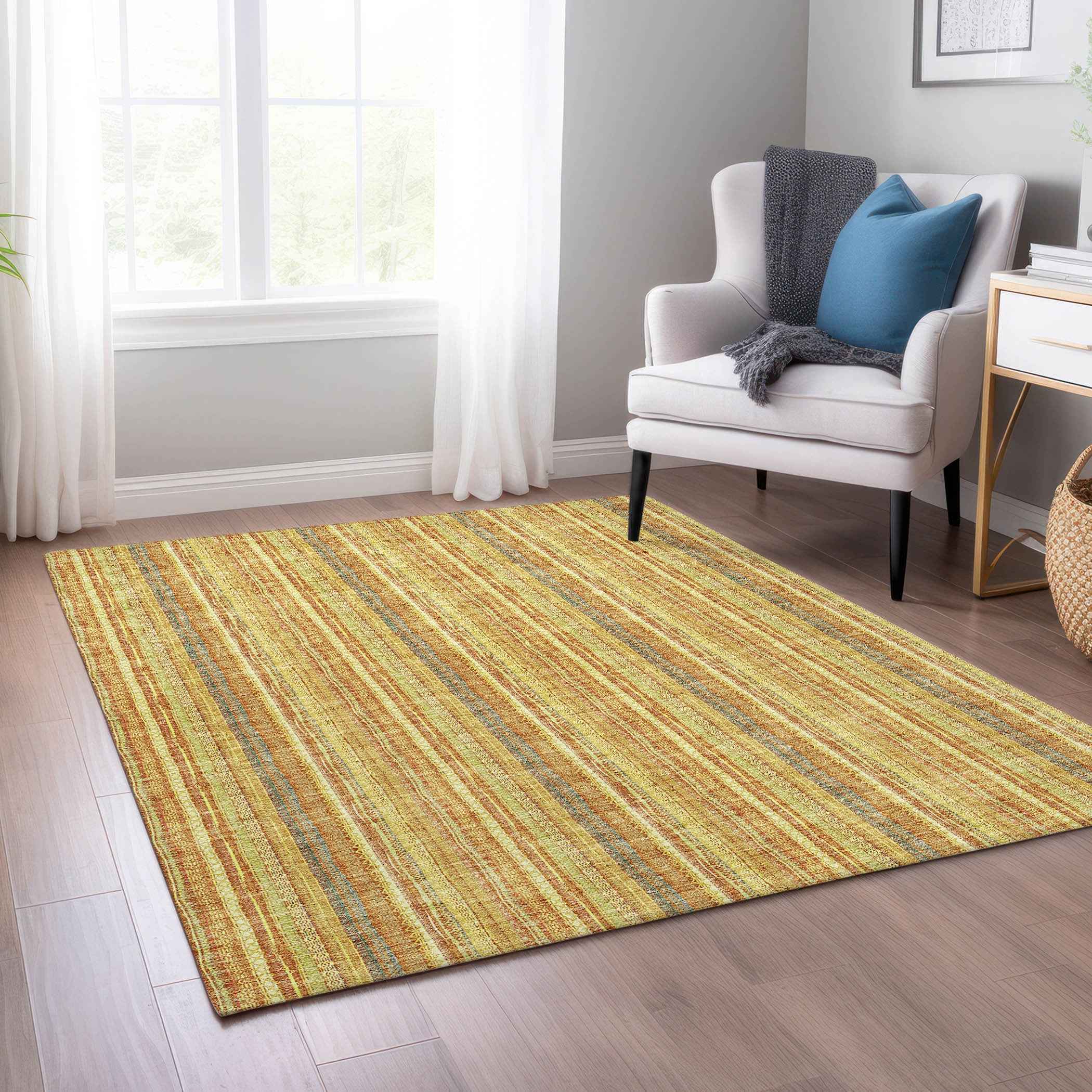3' X 5' Gold And Copper Striped Washable Indoor Outdoor Area Rug