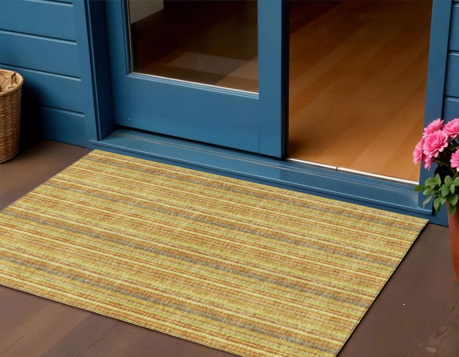 3' X 5' Gold And Copper Striped Washable Indoor Outdoor Area Rug