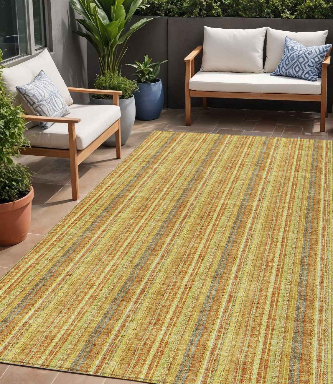 5' X 8' Gold And Copper Striped Washable Indoor Outdoor Area Rug