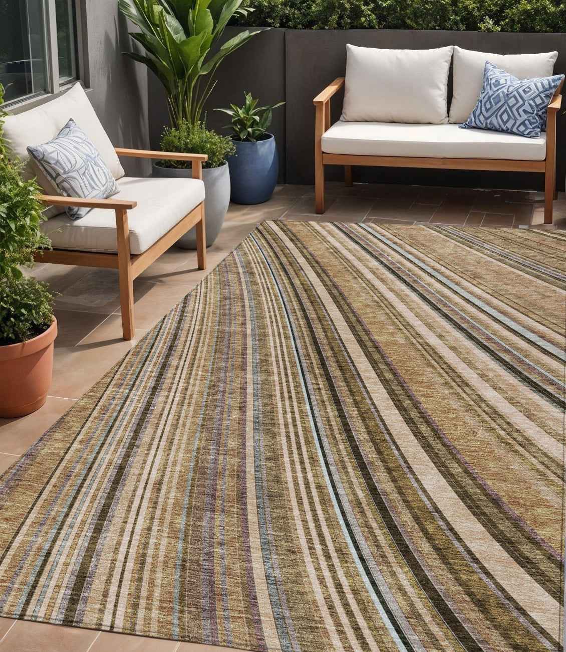 5' X 8' Taupe Beige And Brown Striped Washable Indoor Outdoor Area Rug