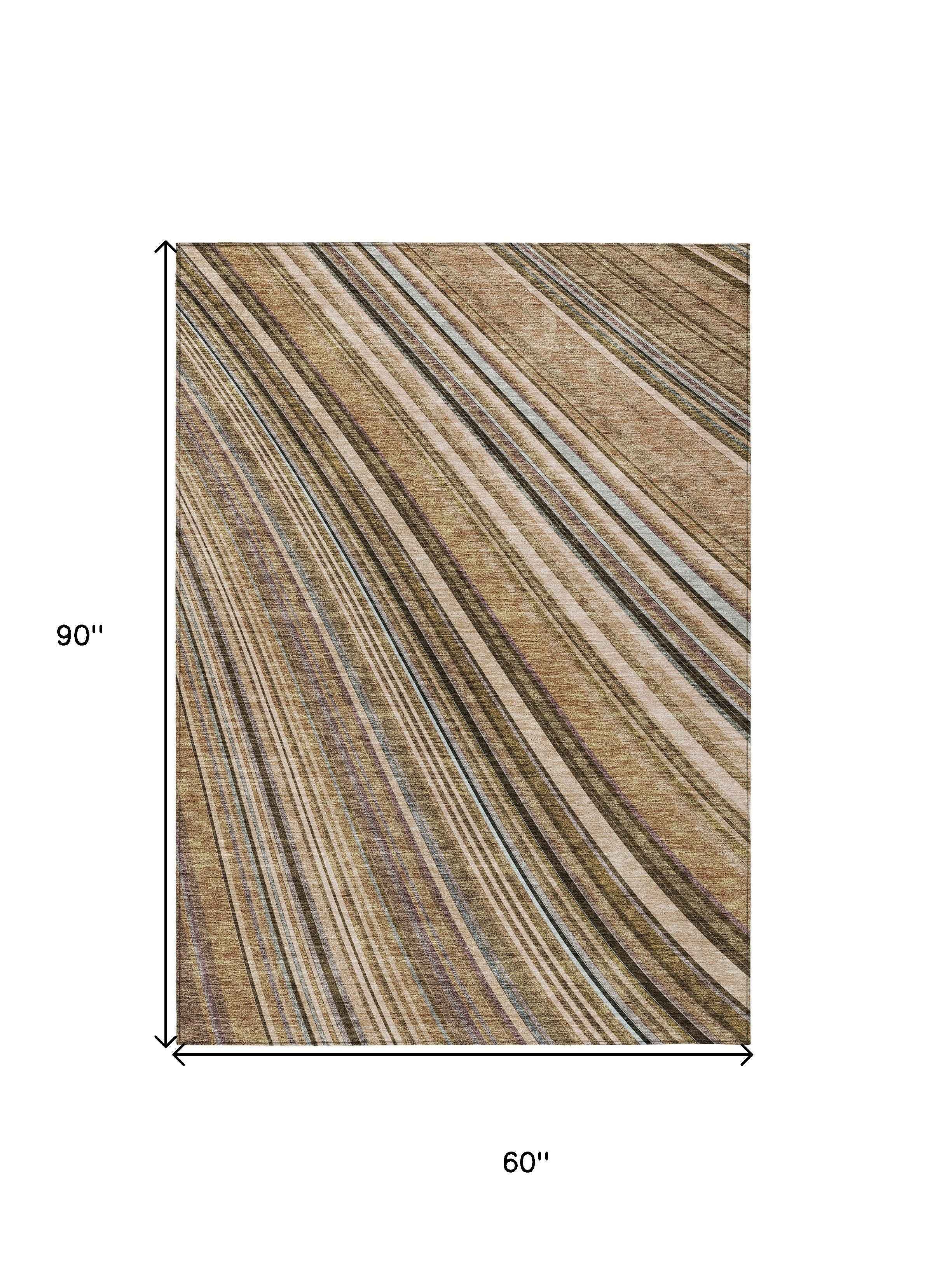 5' X 8' Taupe Beige And Brown Striped Washable Indoor Outdoor Area Rug