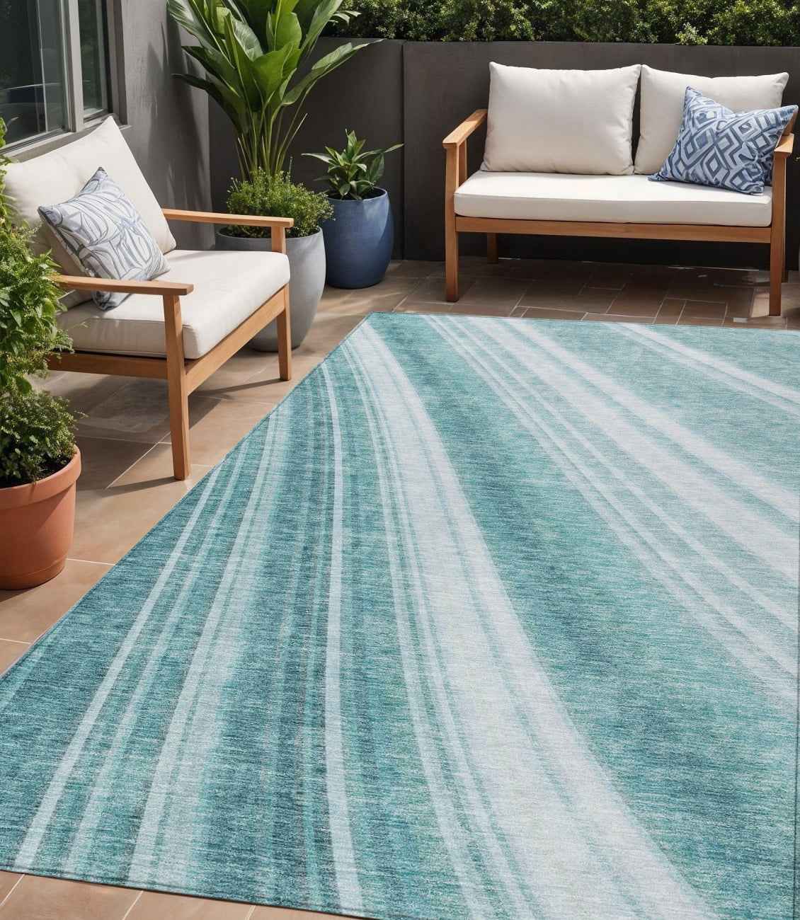 5' X 8' Teal Blue Turquoise And Aqua Striped Washable Indoor Outdoor Area Rug