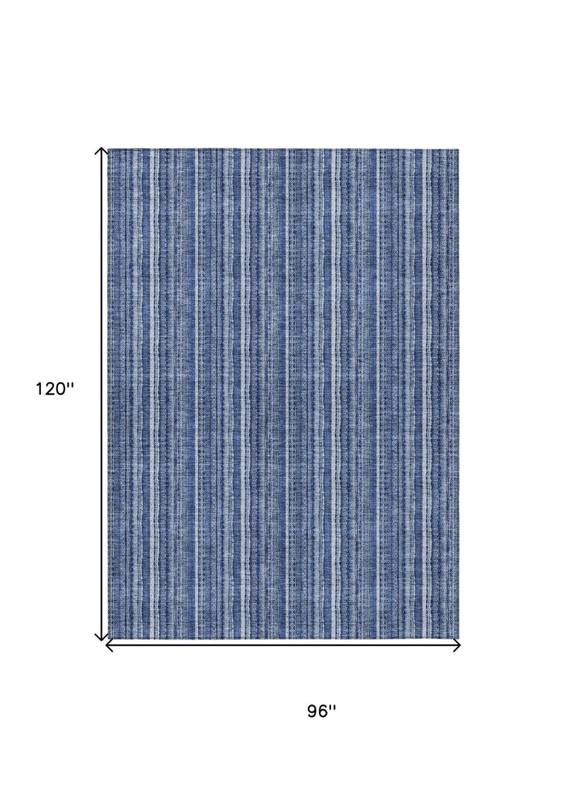 8' X 10' Denim Blue And Ivory Striped Washable Indoor Outdoor Area Rug
