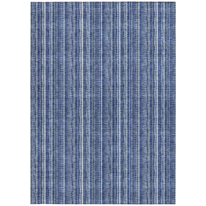 8' X 10' Denim Blue And Ivory Striped Washable Indoor Outdoor Area Rug