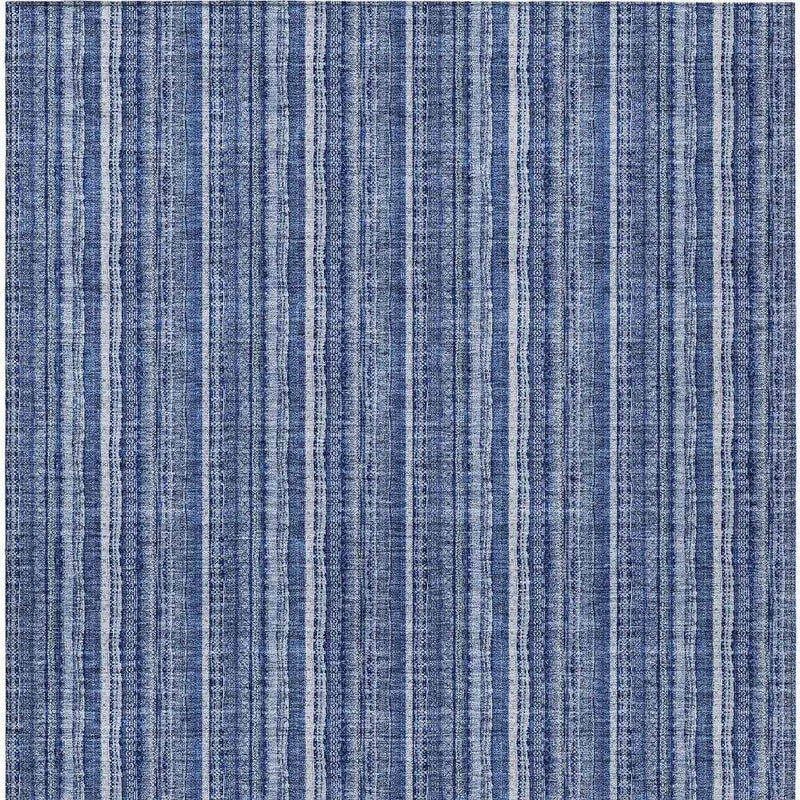 8' X 10' Denim Blue And Ivory Striped Washable Indoor Outdoor Area Rug