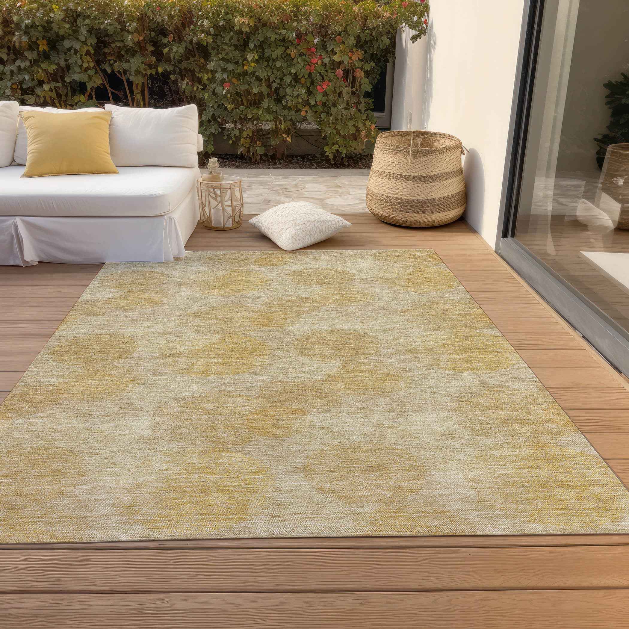9' X 12' Gold Beige And Wheat Polka Dot Washable Indoor Outdoor Area Rug