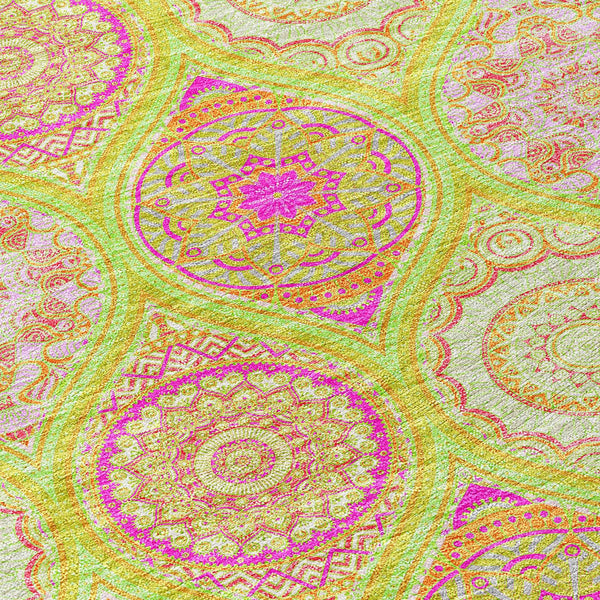 8' Lime Green Pink And Ivory Round Floral Medallion Washable Indoor Outdoor Area Rug