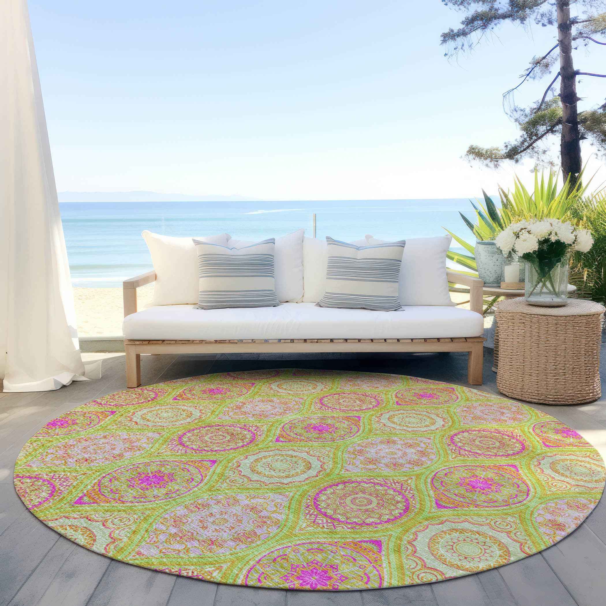 8' Lime Green Pink And Ivory Round Floral Medallion Washable Indoor Outdoor Area Rug