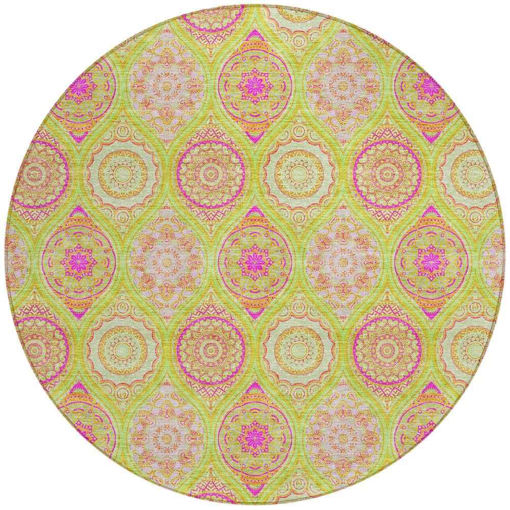 8' Lime Green Pink And Ivory Round Floral Medallion Washable Indoor Outdoor Area Rug
