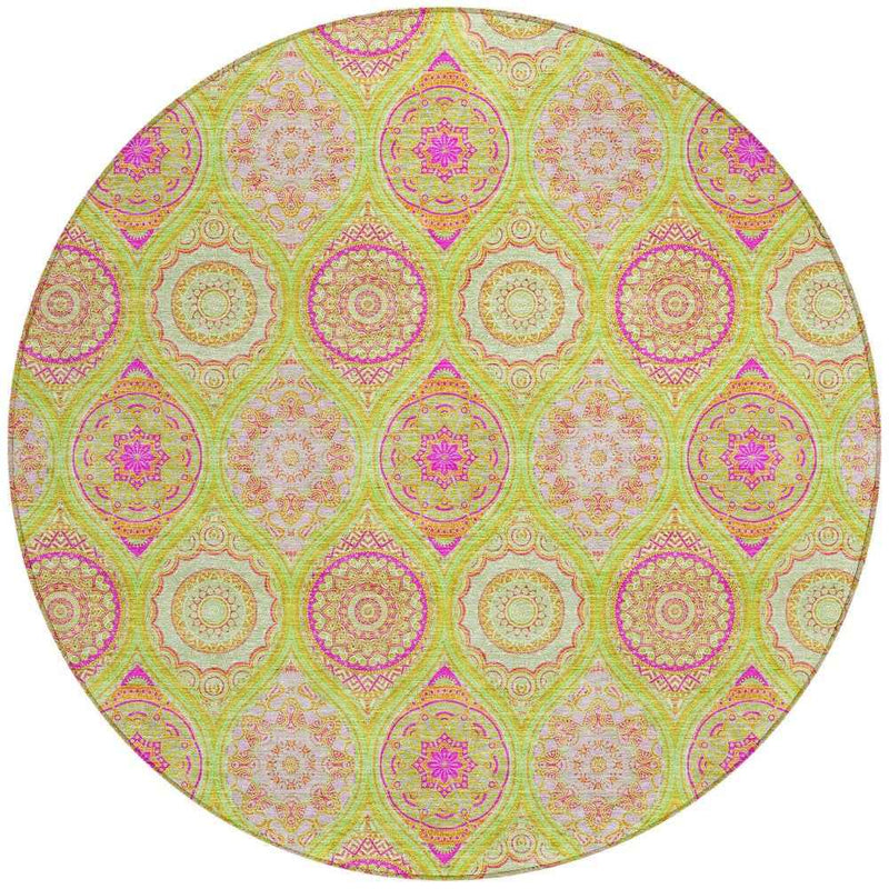 8' Lime Green Pink And Ivory Round Floral Medallion Washable Indoor Outdoor Area Rug