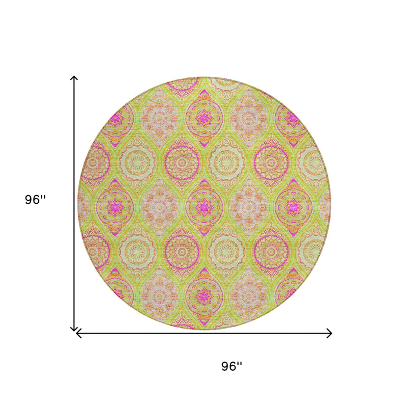 8' Lime Green Pink And Ivory Round Floral Medallion Washable Indoor Outdoor Area Rug