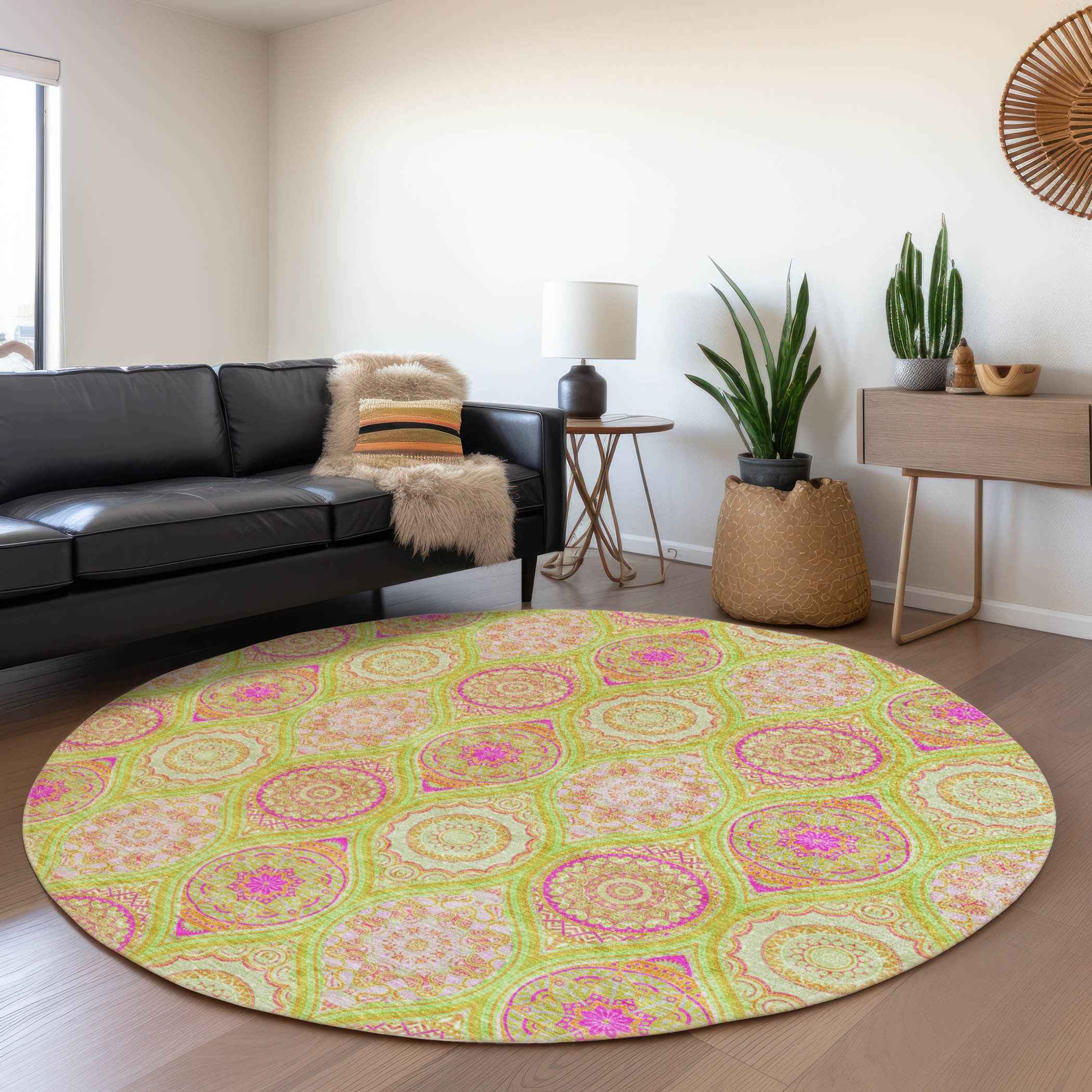 8' Lime Green Pink And Ivory Round Floral Medallion Washable Indoor Outdoor Area Rug