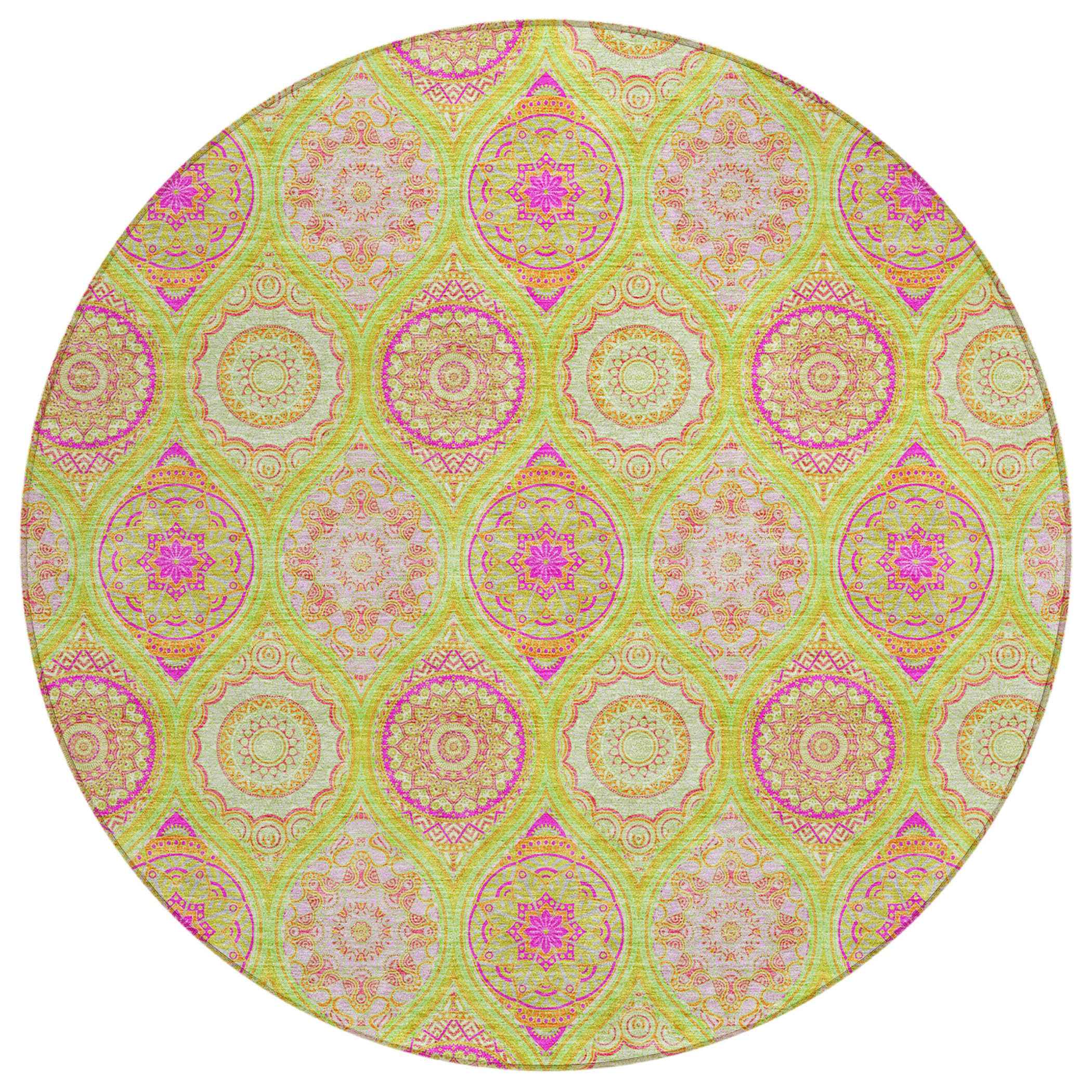 8' Lime Green Pink And Ivory Round Floral Medallion Washable Indoor Outdoor Area Rug