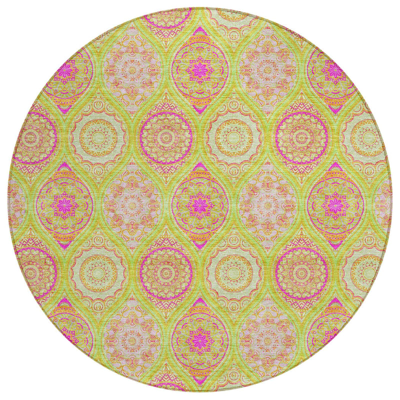 8' Lime Green Pink And Ivory Round Floral Medallion Washable Indoor Outdoor Area Rug
