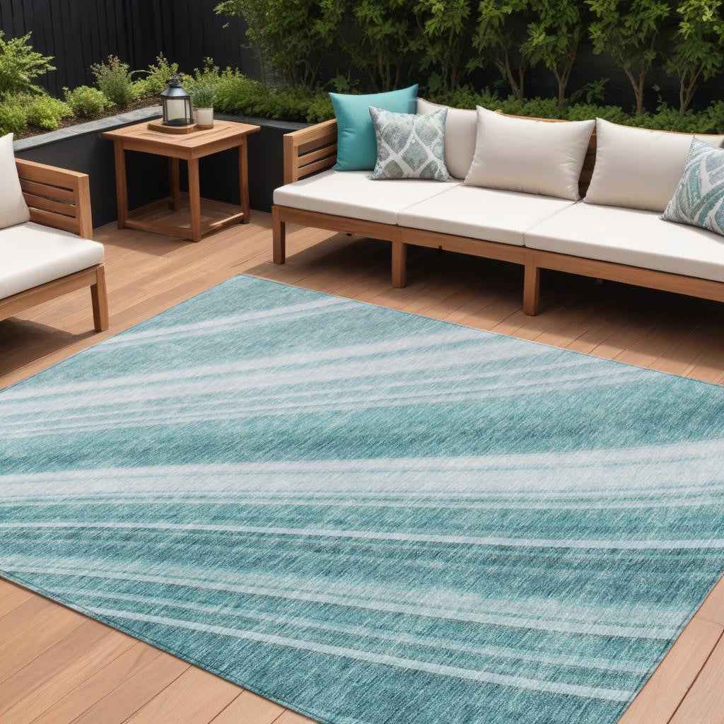 8' X 10' Teal Blue Turquoise And Aqua Striped Washable Indoor Outdoor Area Rug