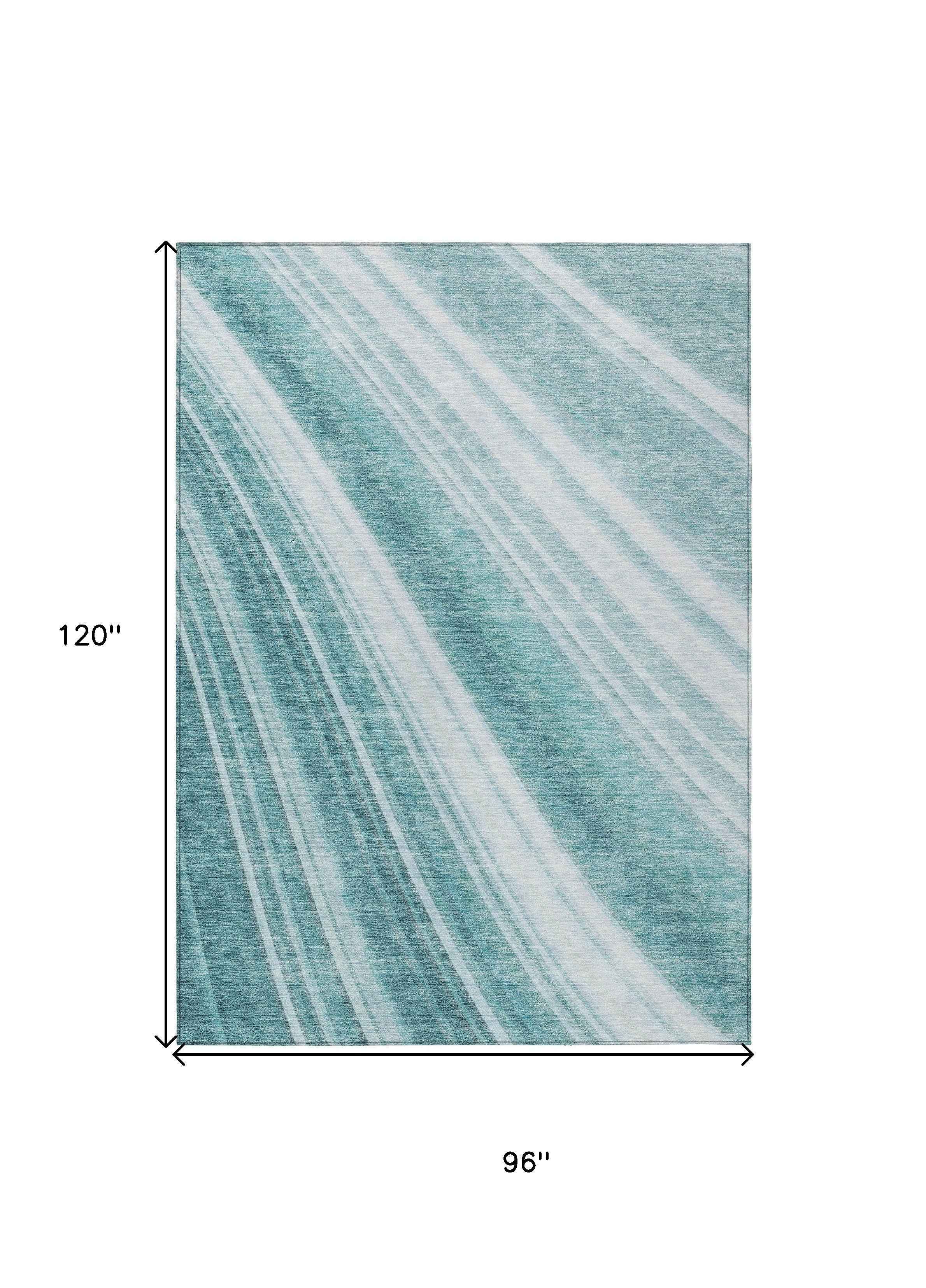 8' X 10' Teal Blue Turquoise And Aqua Striped Washable Indoor Outdoor Area Rug