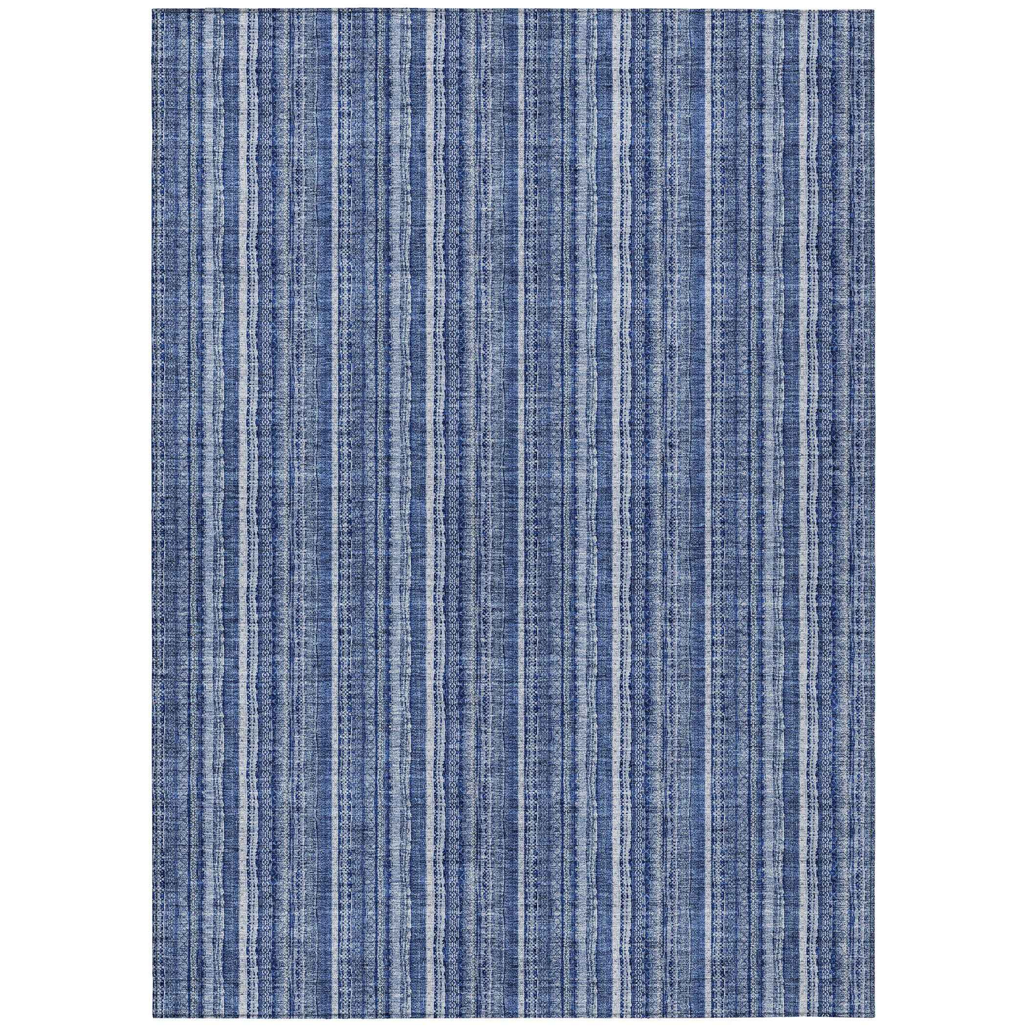 9' X 12' Denim Blue And Ivory Striped Washable Indoor Outdoor Area Rug