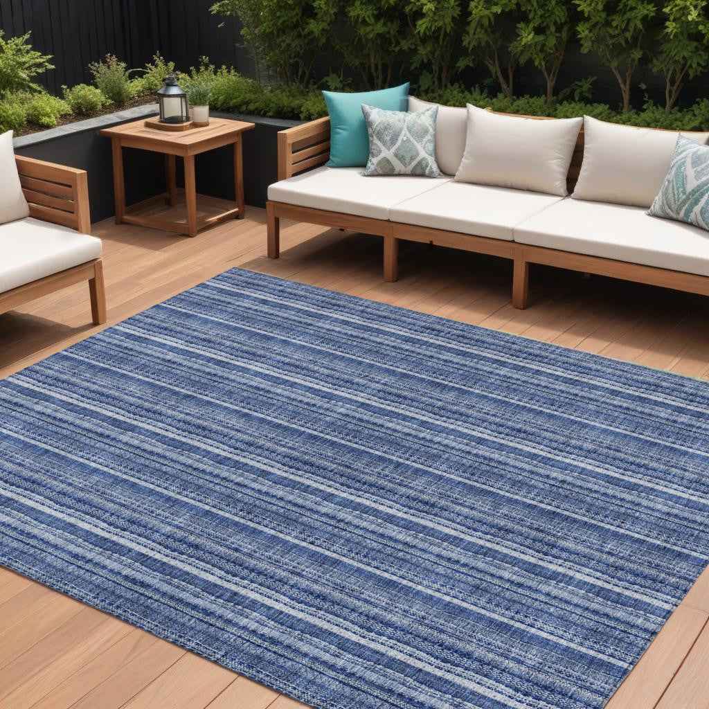 9' X 12' Denim Blue And Ivory Striped Washable Indoor Outdoor Area Rug