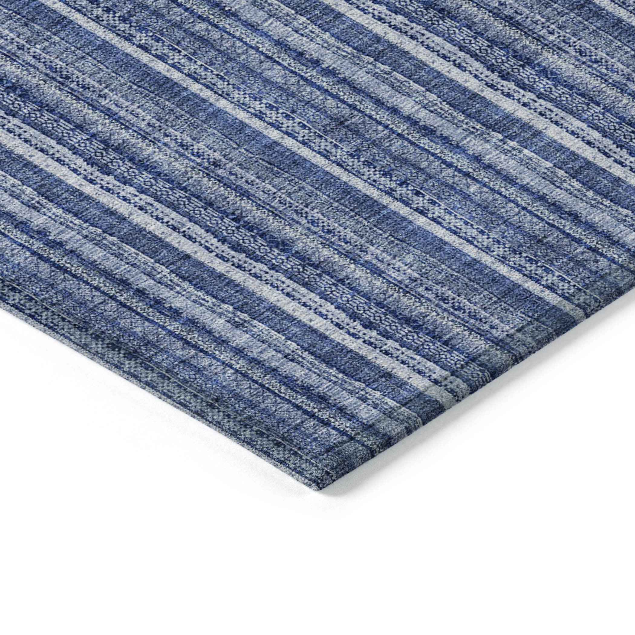 9' X 12' Denim Blue And Ivory Striped Washable Indoor Outdoor Area Rug
