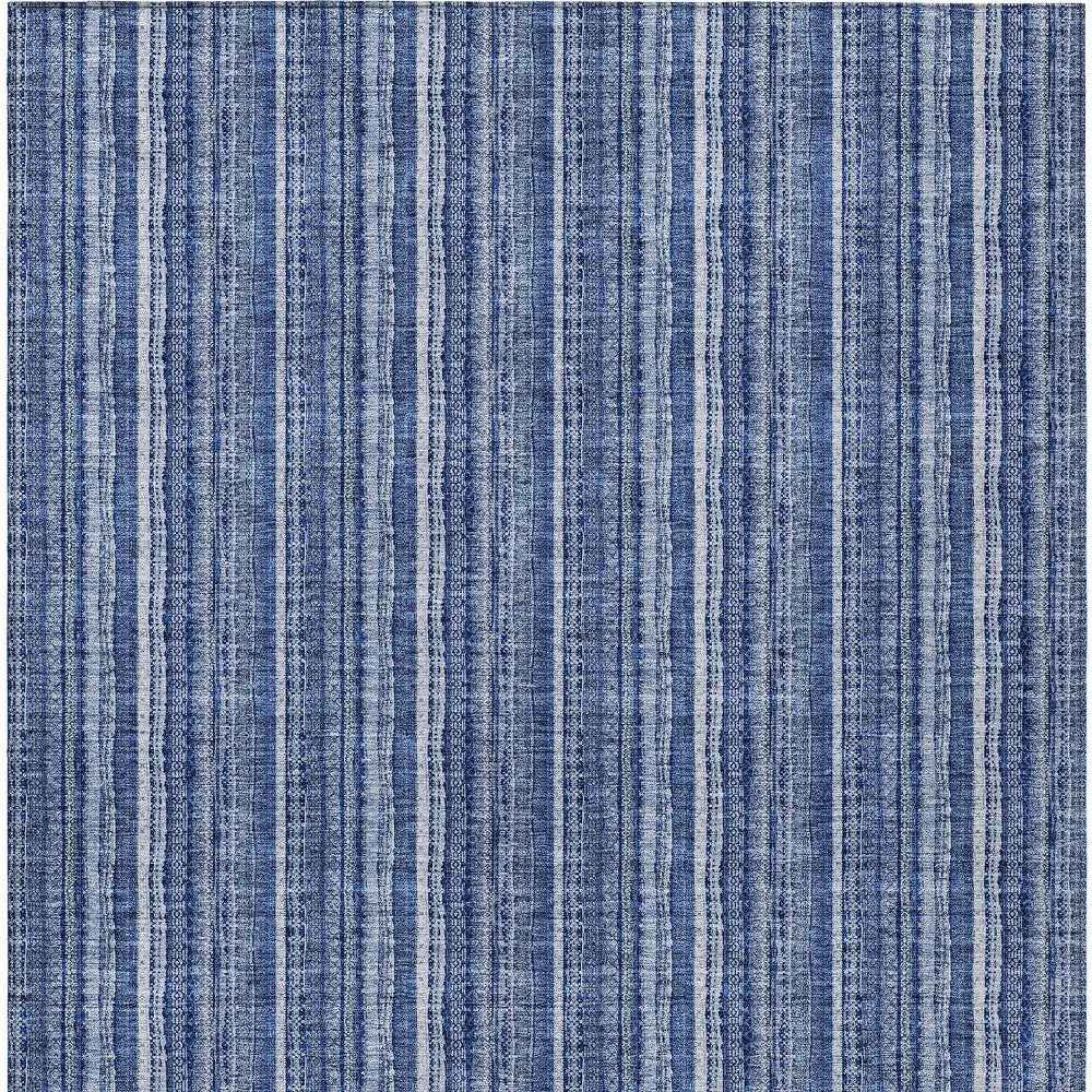 9' X 12' Denim Blue And Ivory Striped Washable Indoor Outdoor Area Rug
