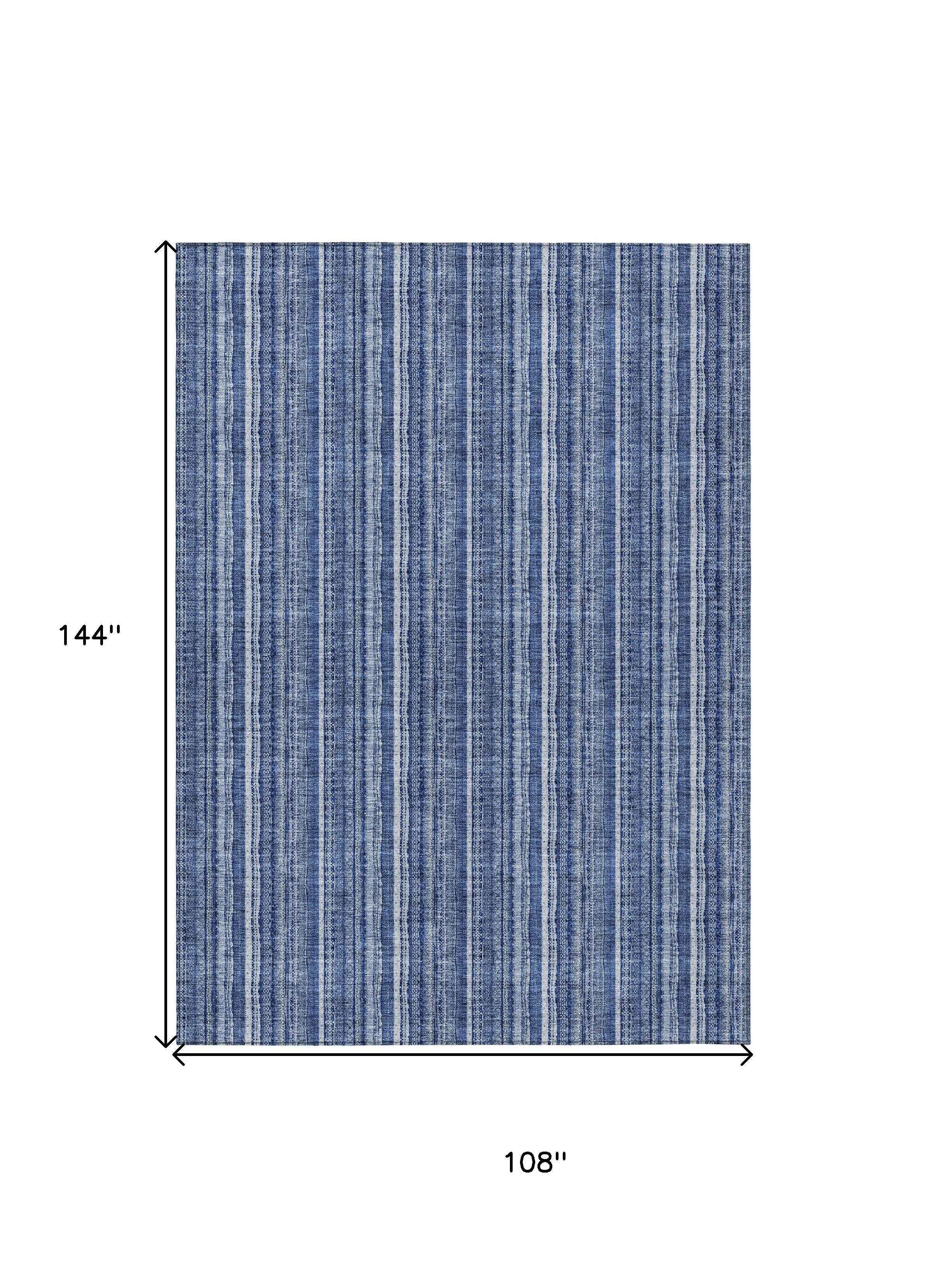 9' X 12' Denim Blue And Ivory Striped Washable Indoor Outdoor Area Rug