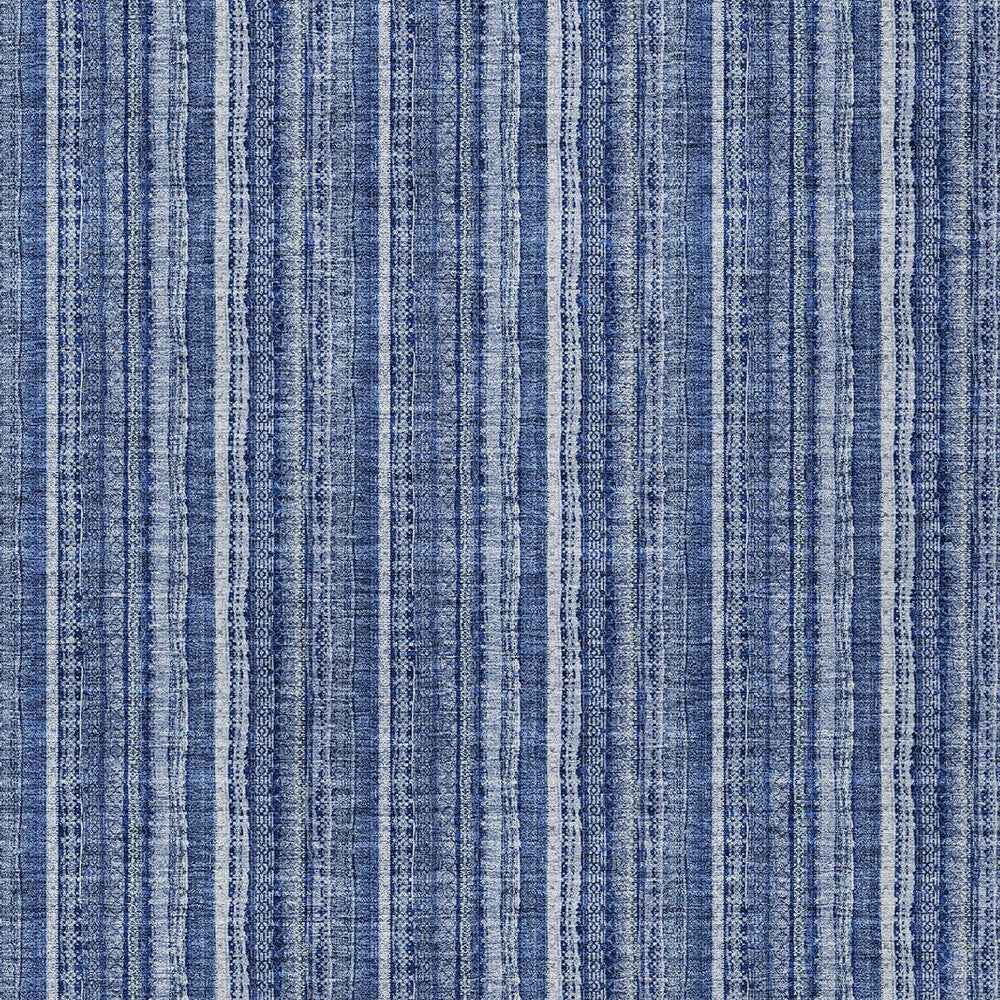 9' X 12' Denim Blue And Ivory Striped Washable Indoor Outdoor Area Rug
