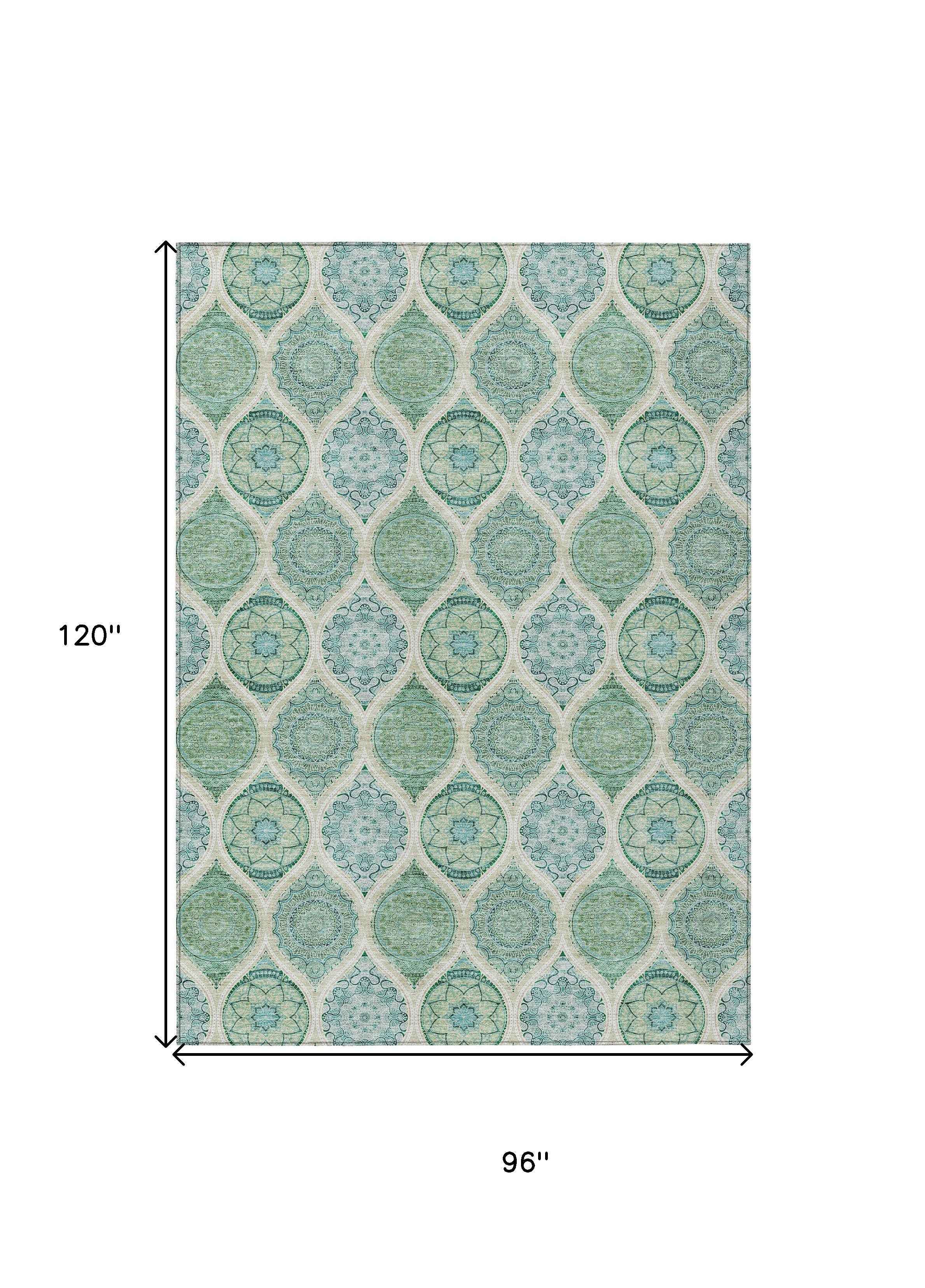 8' X 10' Sage Ivory And Teal Blue Floral Medallion Washable Indoor Outdoor Area Rug