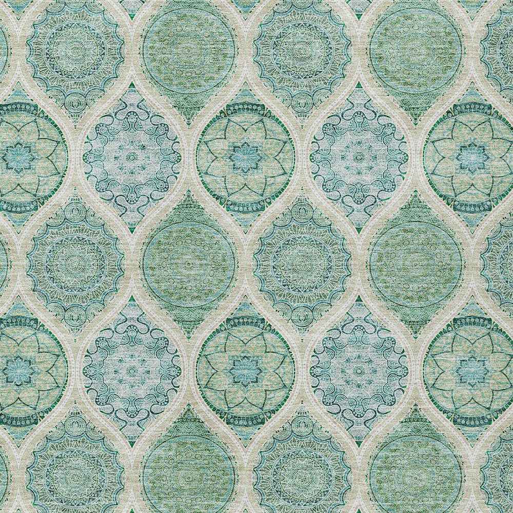 8' X 10' Sage Ivory And Teal Blue Floral Medallion Washable Indoor Outdoor Area Rug
