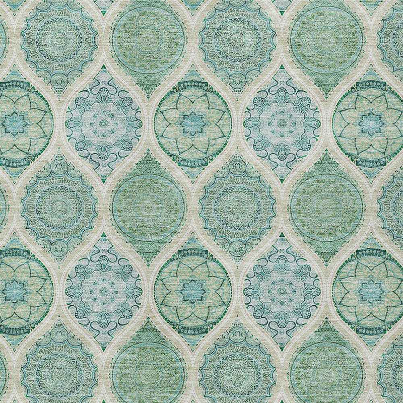 8' X 10' Sage Ivory And Teal Blue Floral Medallion Washable Indoor Outdoor Area Rug