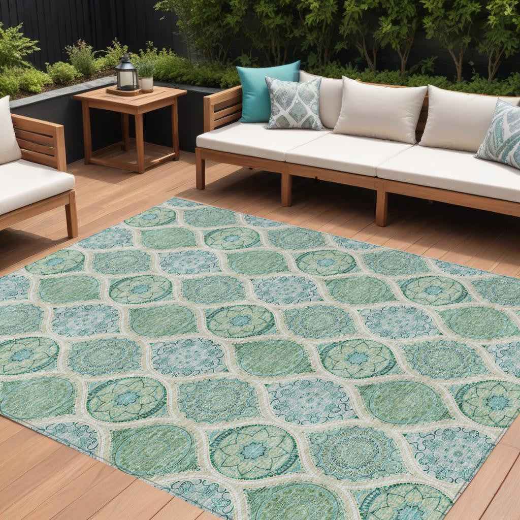8' X 10' Sage Ivory And Teal Blue Floral Medallion Washable Indoor Outdoor Area Rug