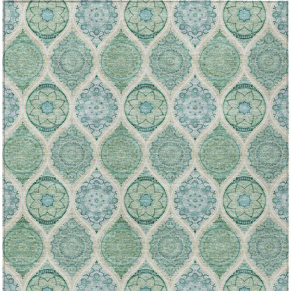 8' X 10' Sage Ivory And Teal Blue Floral Medallion Washable Indoor Outdoor Area Rug