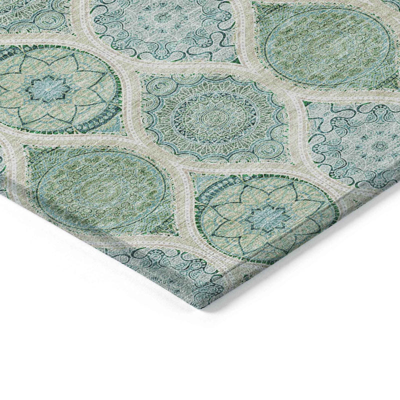 8' X 10' Sage Ivory And Teal Blue Floral Medallion Washable Indoor Outdoor Area Rug